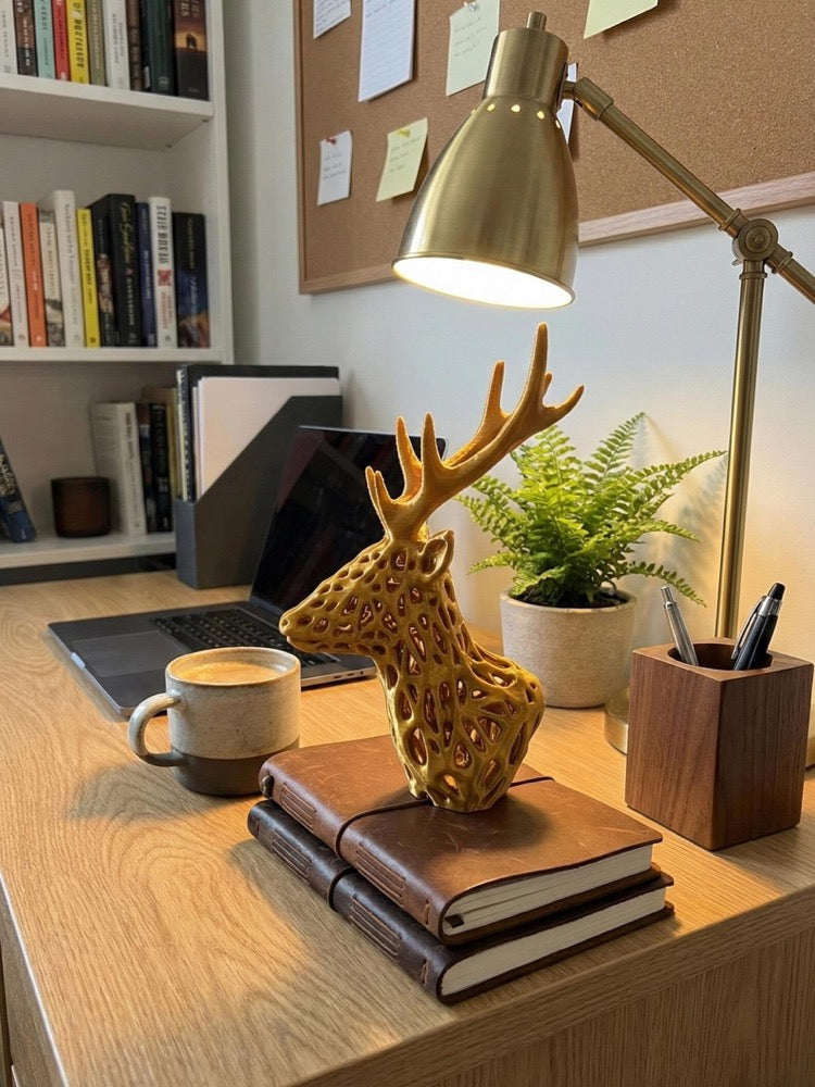 Gold Stag Statue | Fantasy Bookshelf Decor | Geometric Woodland Nursery Art | Modern Desk Accessory