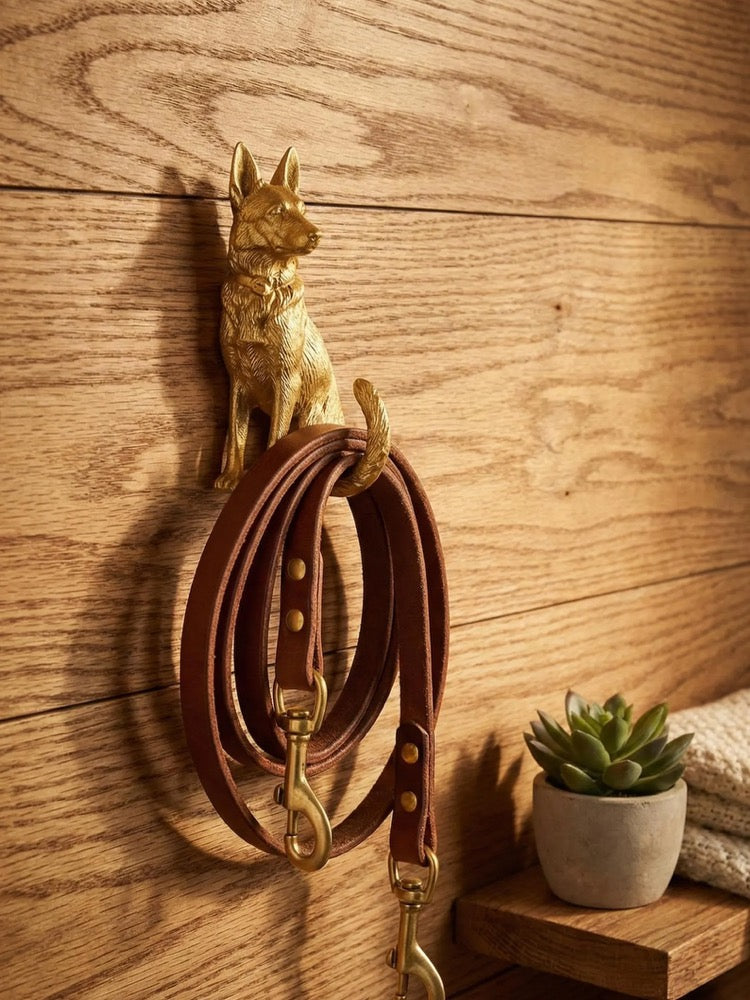 Classic German Shepherd Dog Leash Holder | Golden Antique Finish