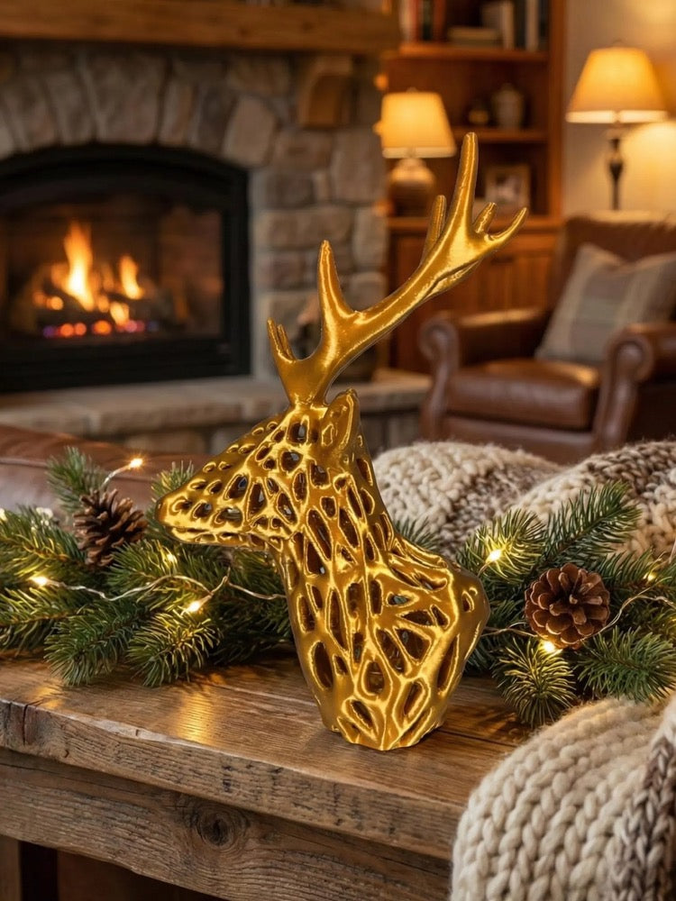 Gold Stag Statue | Fantasy Bookshelf Decor | Geometric Woodland Nursery Art | Modern Desk Accessory
