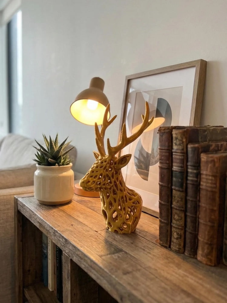 Gold Stag Statue | Fantasy Bookshelf Decor | Geometric Woodland Nursery Art | Modern Desk Accessory